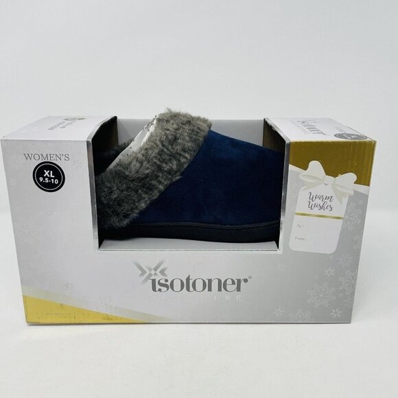 Isotoner Womens Size 9.5/10 Velour Clog Slippers Faux-Fur Trim in Blue $40 135 - Picture 6 of 8